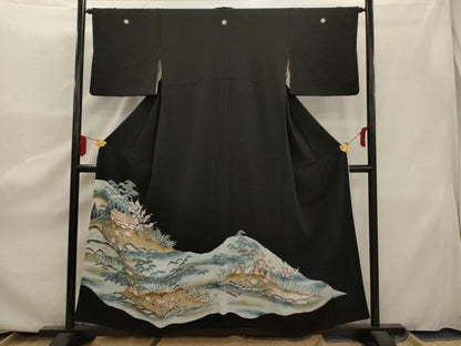 平和屋着物■豪華黒留袖　風景草花文　金彩　正絹　逸品　AAAY4021ru
