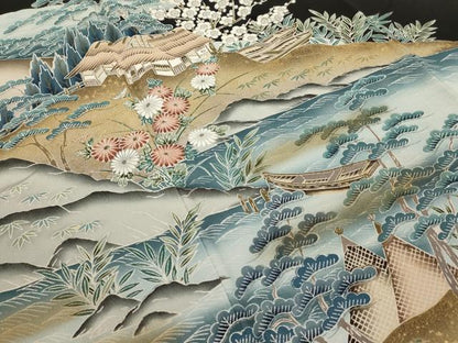 平和屋着物■豪華黒留袖　風景草花文　金彩　正絹　逸品　AAAY4021ru