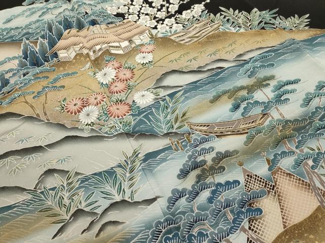 平和屋着物■豪華黒留袖　風景草花文　金彩　正絹　逸品　AAAY4021ru