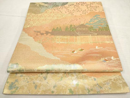 平和屋着物◎西陣　服部織物謹製　六通柄袋帯　唐織　こはく錦　手工芸　風景文　金糸　正絹　逸品　AAAY4255sg