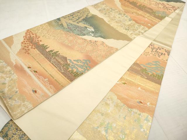 平和屋着物◎西陣　服部織物謹製　六通柄袋帯　唐織　こはく錦　手工芸　風景文　金糸　正絹　逸品　AAAY4255sg