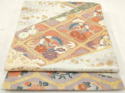 平和屋着物◎六通柄袋帯　裂取蜀甲花丸紋　金糸　正絹　逸品　AAAY4277sg