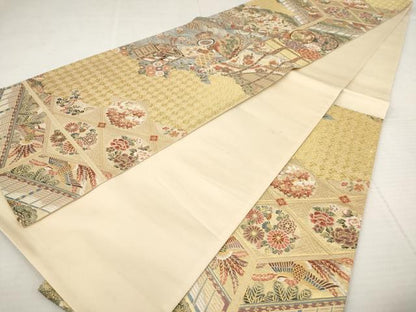 平和屋着物◎六通柄袋帯　唐織　几帳延寿紋　金糸　正絹　逸品　AAAY4279sg