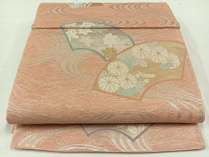 平和屋着物＊夏物　六通柄袋帯　流水地紙花文　銀糸　正絹　逸品　AAAY4281jh