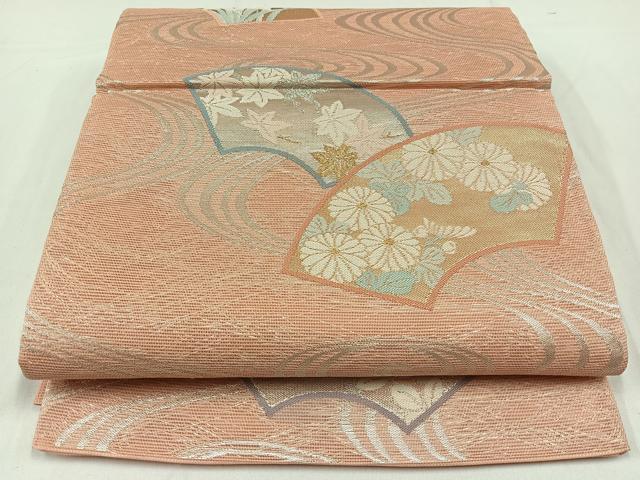 平和屋着物＊夏物　六通柄袋帯　流水地紙花文　銀糸　正絹　逸品　AAAY4281jh
