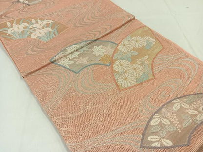 平和屋着物＊夏物　六通柄袋帯　流水地紙花文　銀糸　正絹　逸品　AAAY4281jh
