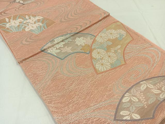 平和屋着物＊夏物　六通柄袋帯　流水地紙花文　銀糸　正絹　逸品　AAAY4281jh