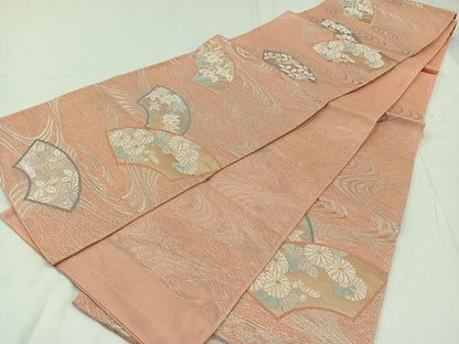 平和屋着物＊夏物　六通柄袋帯　流水地紙花文　銀糸　正絹　逸品　AAAY4281jh