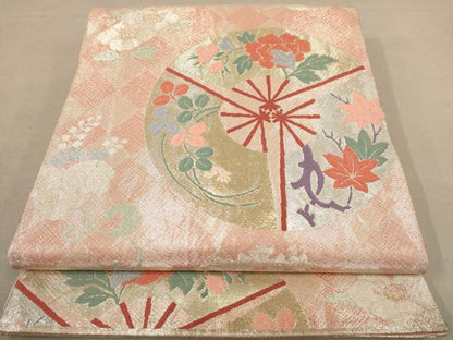平和屋着物◎佐賀錦　六通柄袋帯　唐織　扇面花文　金銀糸　正絹　逸品　AAAY4392dt