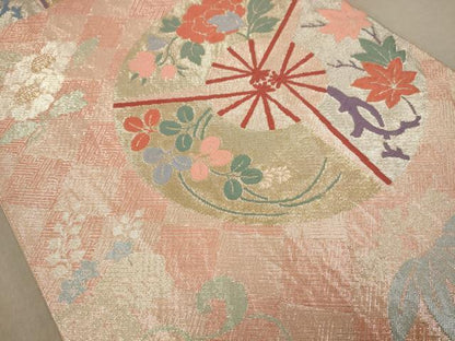 平和屋着物◎佐賀錦　六通柄袋帯　唐織　扇面花文　金銀糸　正絹　逸品　AAAY4392dt