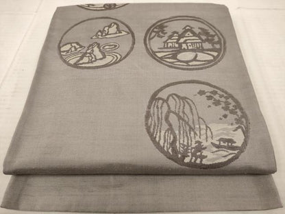 平和屋着物◎六通柄袋帯　紬地　風景丸文　正絹　逸品　AAAY4434dt