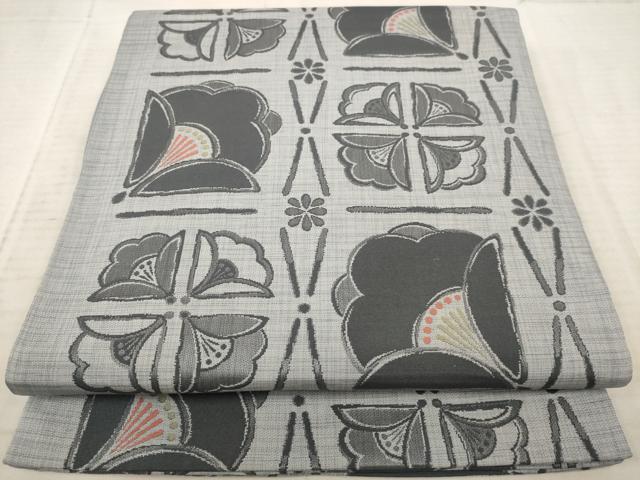 平和屋着物◎六通柄袋帯　幾何学椿文　正絹　逸品　AAAY4441dt