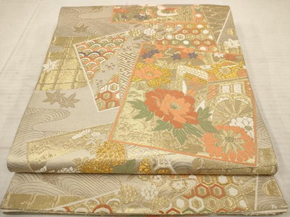 平和屋着物◎六通柄袋帯　唐織　色紙花鳥文　金糸　正絹　逸品　AAAY4476dt