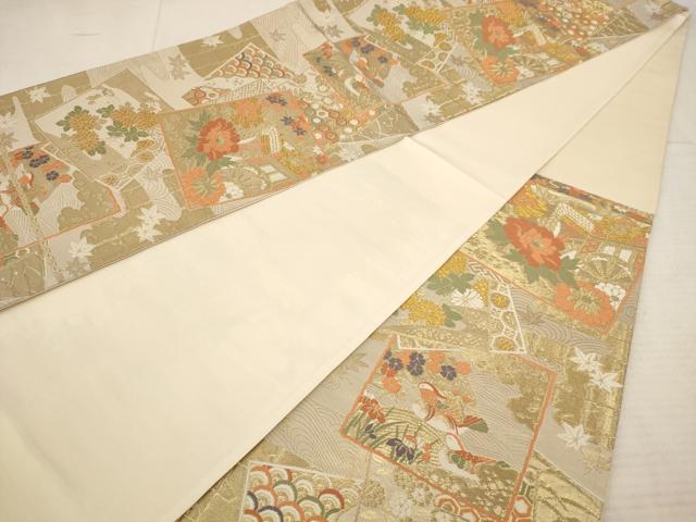 平和屋着物◎六通柄袋帯　唐織　色紙花鳥文　金糸　正絹　逸品　AAAY4476dt
