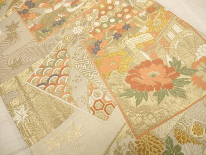 平和屋着物◎六通柄袋帯　唐織　色紙花鳥文　金糸　正絹　逸品　AAAY4476dt