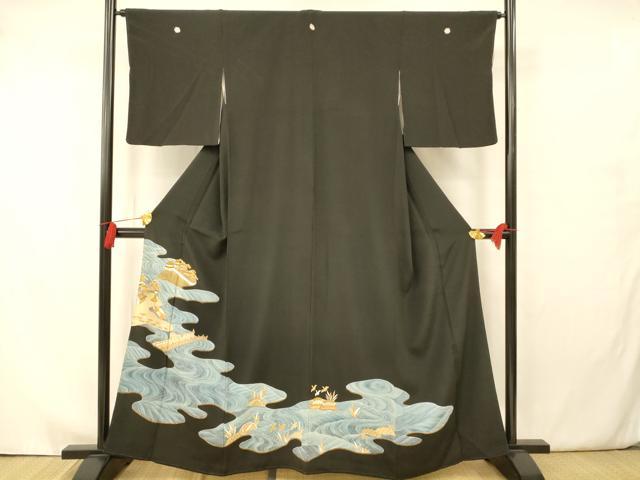 平和屋着物■豪華黒留袖 駒刺繍 流水風景文 金彩 正絹 逸品 AAAY4601fw
