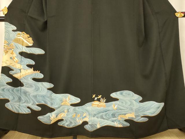 平和屋着物■豪華黒留袖 駒刺繍 流水風景文 金彩 正絹 逸品 AAAY4601fw