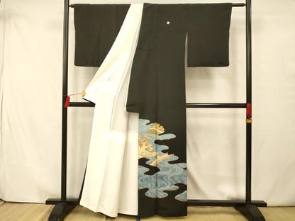 平和屋着物■豪華黒留袖 駒刺繍 流水風景文 金彩 正絹 逸品 AAAY4601fw