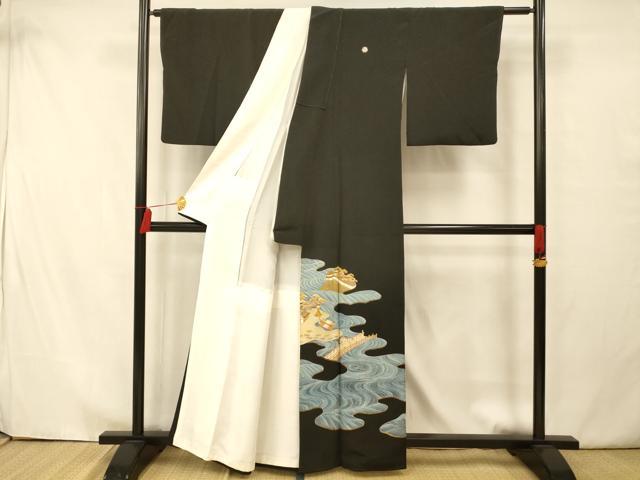 平和屋着物■豪華黒留袖 駒刺繍 流水風景文 金彩 正絹 逸品 AAAY4601fw