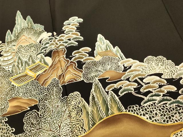 平和屋着物■豪華黒留袖 朱映 駒刺繍 風景文 金彩 正絹 逸品 AAAY4603fw