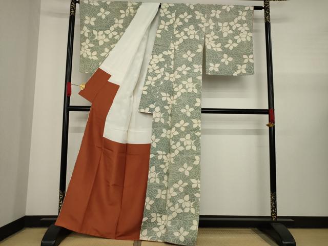 平和屋着物●上質な小紋 紬地 型染め 花尽し 正絹 逸品 AAAY4726ck