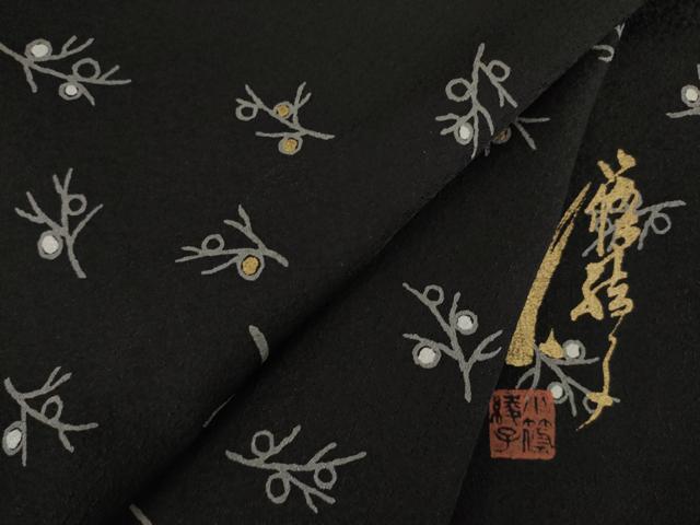 平和屋着物●ファッションデザイナー コシノアヤコ 小紋 枝蕾 黒地 金彩 正絹 逸品 AAAY4728ck