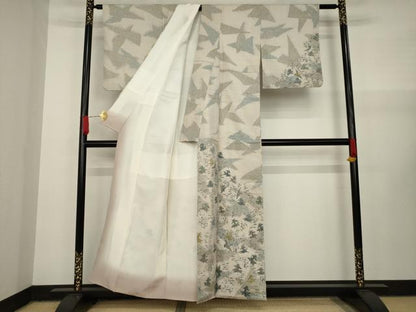 平和屋着物●訪問着 紬地 飛鶴風景文 正絹 逸品 AAAY4742ck