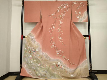 平和屋着物●訪問着 流水枝花文 暈し染め 金彩 正絹 逸品 AAAY4747ck