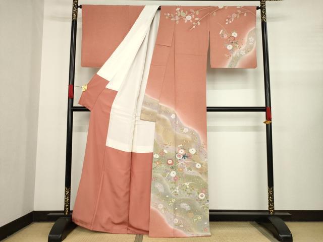 平和屋着物●訪問着 流水枝花文 暈し染め 金彩 正絹 逸品 AAAY4747ck