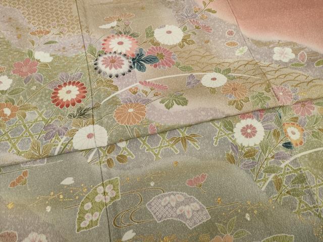 平和屋着物●訪問着 流水枝花文 暈し染め 金彩 正絹 逸品 AAAY4747ck