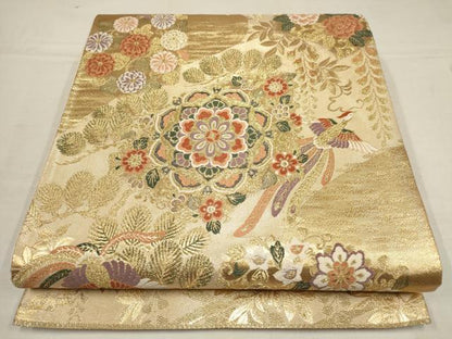 平和屋着物▼六通柄袋帯　花鳥文　金糸　正絹　逸品　AAAY4801wj