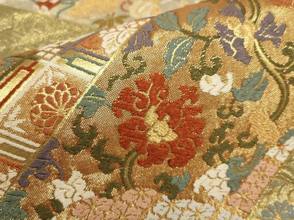 平和屋着物▼佐賀錦　六通柄袋帯　松竹梅　草花文　金糸　正絹　逸品　AAAY4805wj