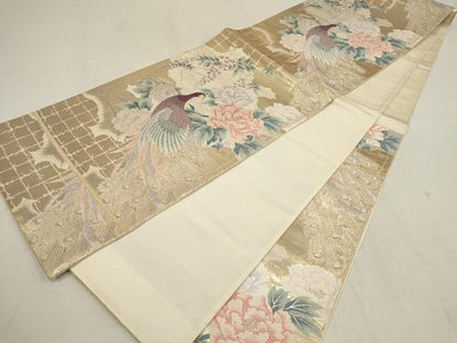 平和屋着物▼六通柄袋帯　唐織　孔雀花文　金銀糸　正絹　逸品　AAAY4915wj