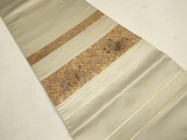 平和屋着物▼太鼓柄袋帯　螺鈿箔　横段草花文　金彩　引箔　正絹　逸品　AAAY4928wj