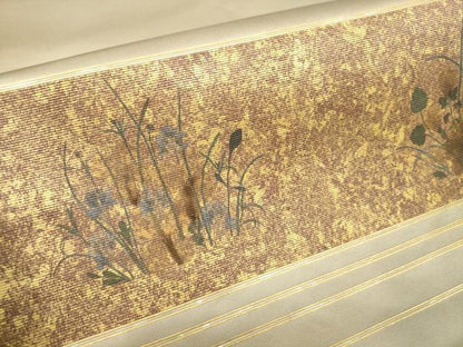 平和屋着物▼太鼓柄袋帯　螺鈿箔　横段草花文　金彩　引箔　正絹　逸品　AAAY4928wj
