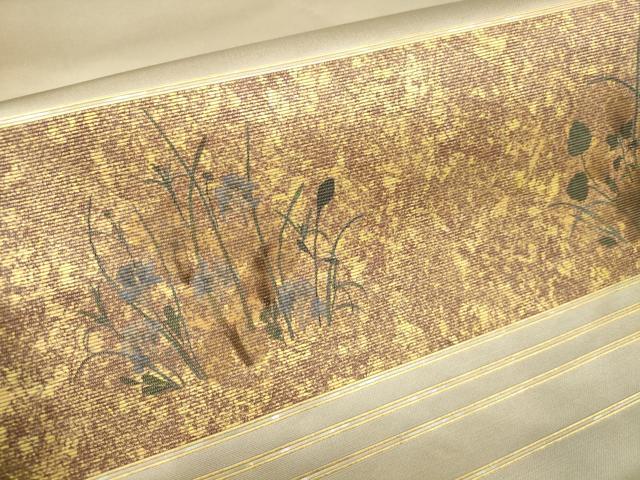 平和屋着物▼太鼓柄袋帯　螺鈿箔　横段草花文　金彩　引箔　正絹　逸品　AAAY4928wj