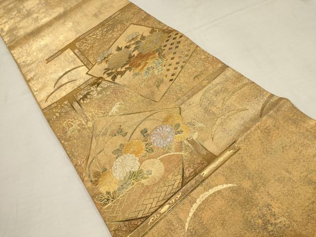 平和屋着物▼太鼓柄袋帯　色紙草花文　金彩　引箔　正絹　逸品　AAAY4932wj