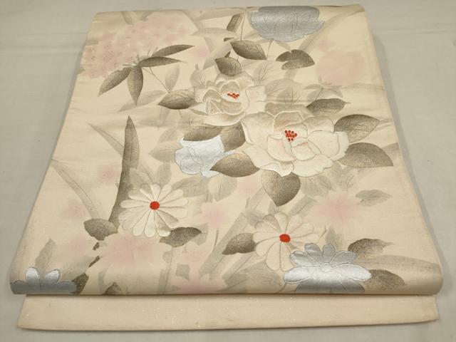 平和屋着物▼太鼓柄袋帯　刺繍　草花文　銀糸　正絹　逸品　AAAY4933wj