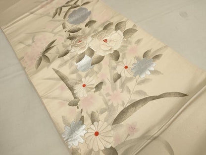 平和屋着物▼太鼓柄袋帯　刺繍　草花文　銀糸　正絹　逸品　AAAY4933wj
