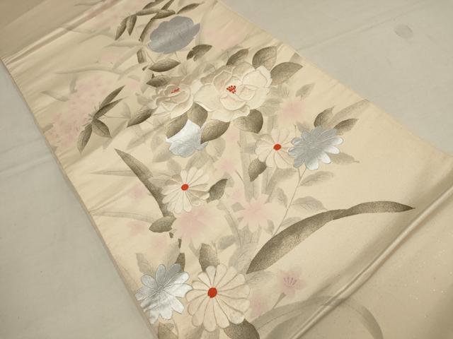 平和屋着物▼太鼓柄袋帯　刺繍　草花文　銀糸　正絹　逸品　AAAY4933wj