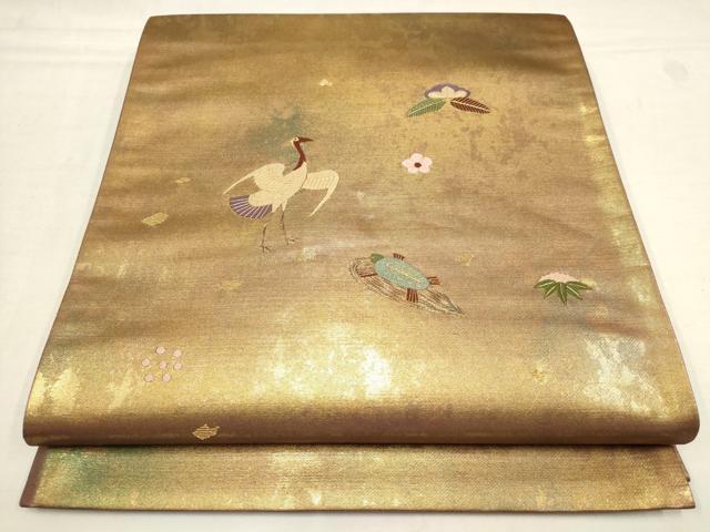 平和屋着物▼太鼓柄袋帯　鶴亀　松竹梅　金彩　引箔　正絹　逸品　AAAY4999wj