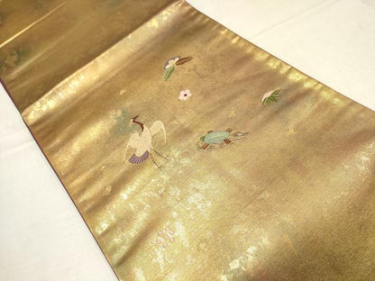 平和屋着物▼太鼓柄袋帯　鶴亀　松竹梅　金彩　引箔　正絹　逸品　AAAY4999wj