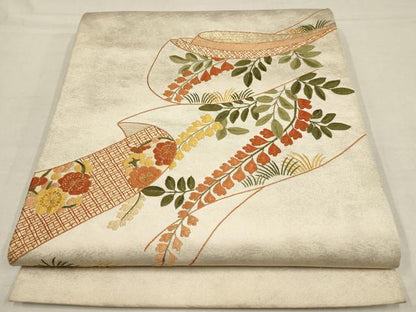 平和屋着物▼総刺繍　袋帯　草花文　金糸　正絹　逸品　AAAY5103wj