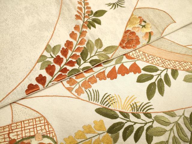 平和屋着物▼総刺繍　袋帯　草花文　金糸　正絹　逸品　AAAY5103wj