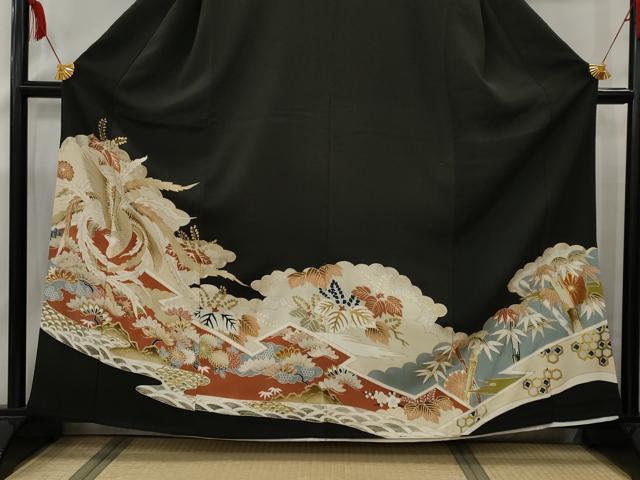 平和屋着物■豪華黒留袖　鳳凰花文　金糸　金彩　正絹　逸品　AAAY5222nf