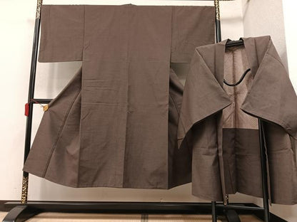 平和屋着物●男性　紬　アンサンブル　赤墨色　正絹　逸品　AAAY5636ph