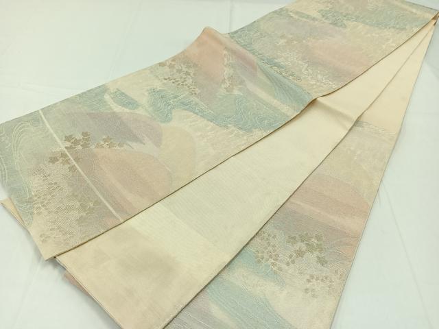 平和屋着物＊夏物　六通柄袋帯　流水風景花文　金糸　正絹　逸品　AAAY5775jh