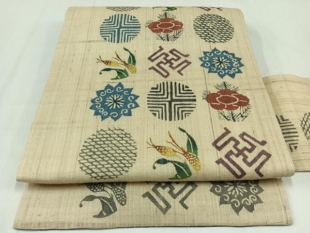 平和屋着物＊夏物　人間国宝 芹沢圭介一番弟子　下平清人　九寸名古屋帯　紬地　型染め　吉祥花文　正絹　逸品　未使用　AAAY5838jh
