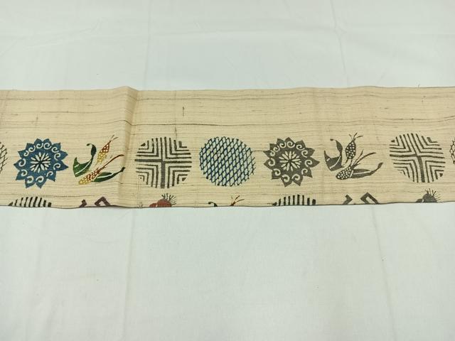 平和屋着物＊夏物　人間国宝 芹沢圭介一番弟子　下平清人　九寸名古屋帯　紬地　型染め　吉祥花文　正絹　逸品　未使用　AAAY5838jh