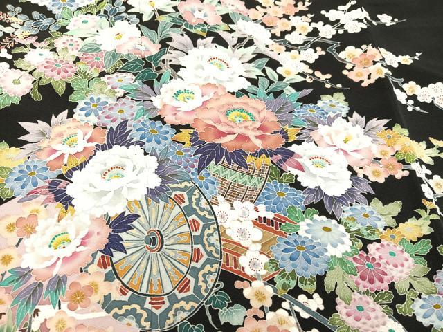 平和屋着物●本加賀友禅作家　田崎元人　黒留袖　花車　正絹　逸品　未使用　AAAY5924ph